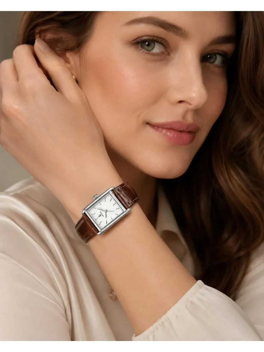 Women's Silver Case Brown Rectangle Vintage Leather Strap  Quartz Movement Watch